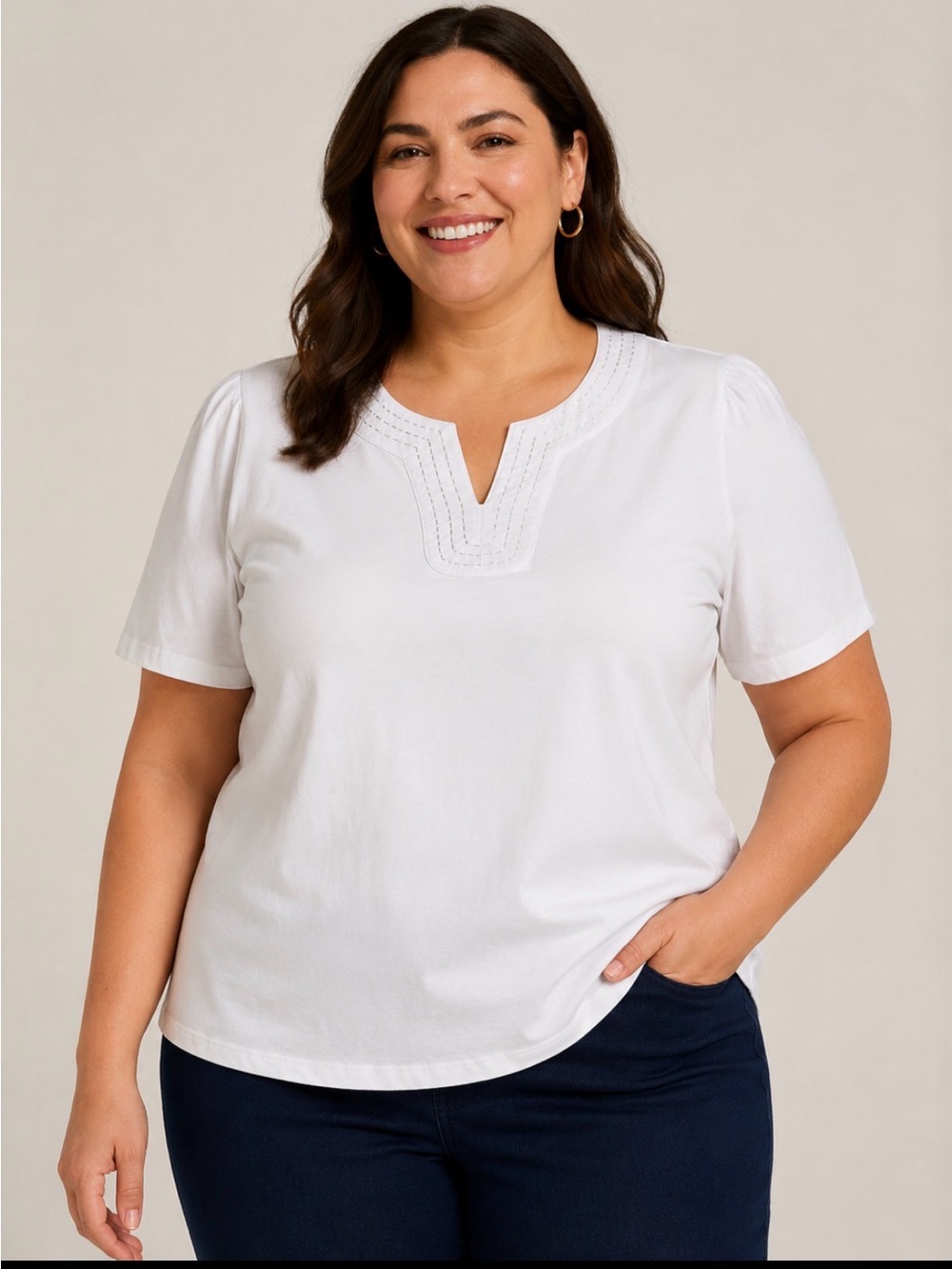 NWT: Rafaella White Split Neck Short Sleeve Top with Stud Detail